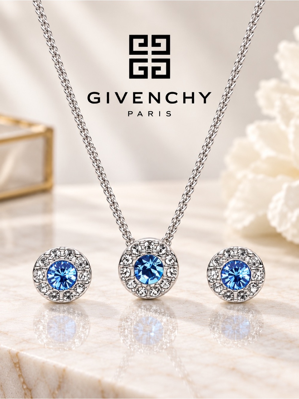 Givenchy Silver Tone Blue Pavé Pendant Necklace Stud Earrings Set NWT